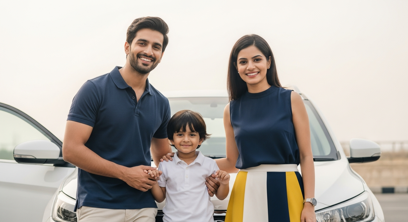 Young Indian family with their car